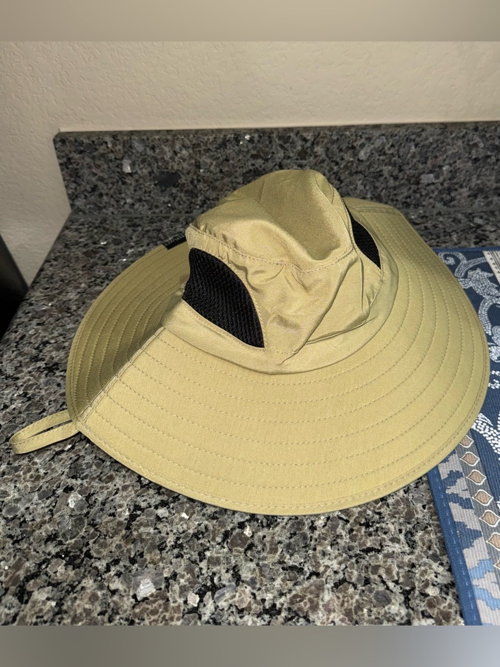 Wide Brim Sun Bucket Hat in Khaki with Mesh Panels